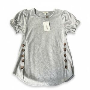 Como Blu Puff Sleeve Button Detail Top NWT Gray Knit Stretch Tee Women’s Small